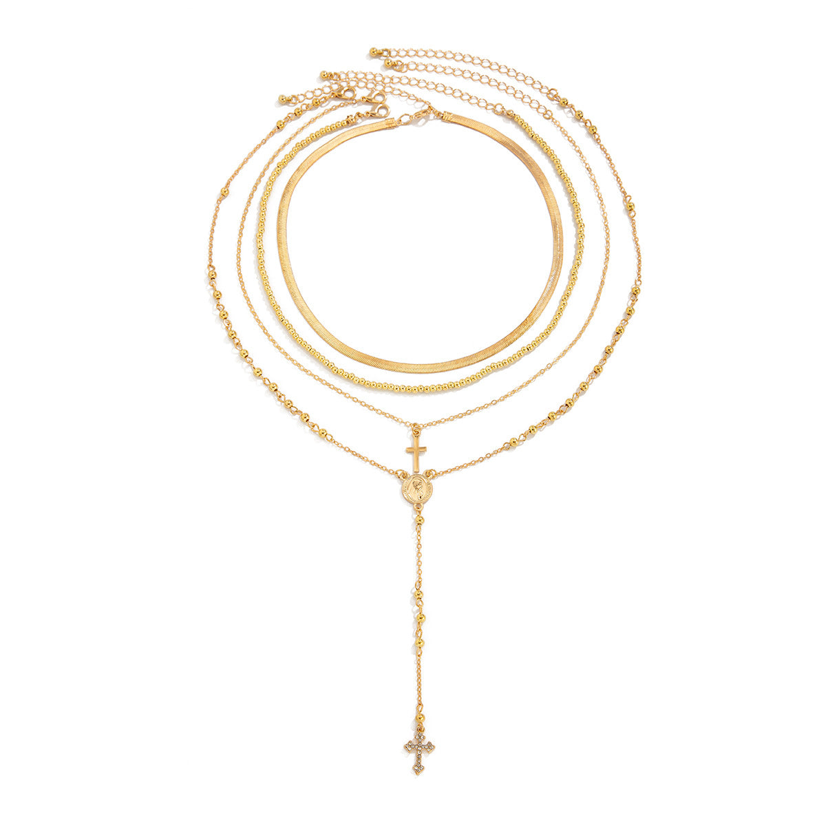 Wholesale Cross Tassel Round Bead Snake Bone Chain Multi-layer Necklace